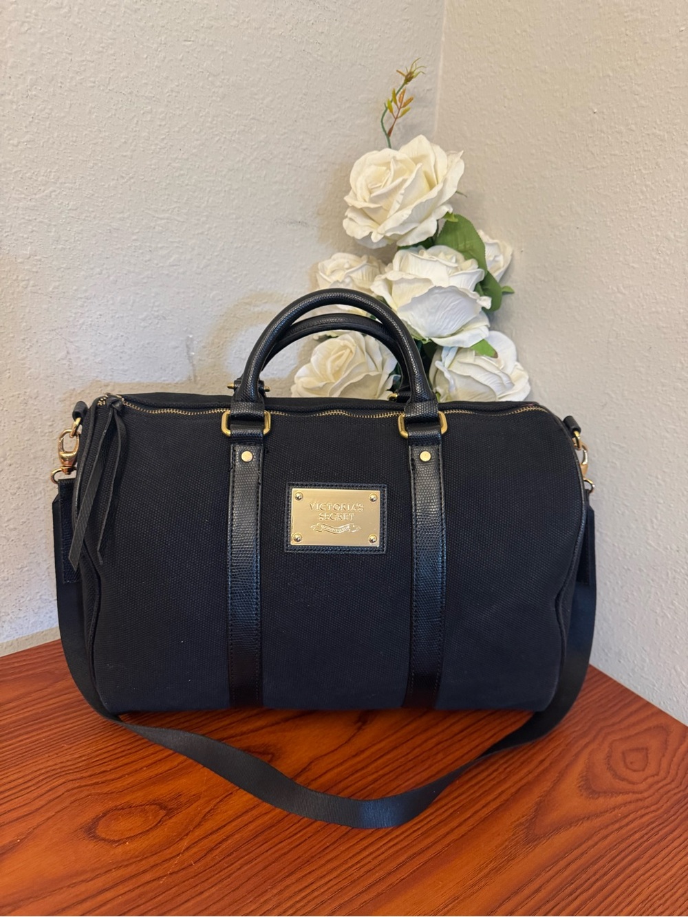 Victoria's Secret Black Duffel Bag with Gold Hardware Plate